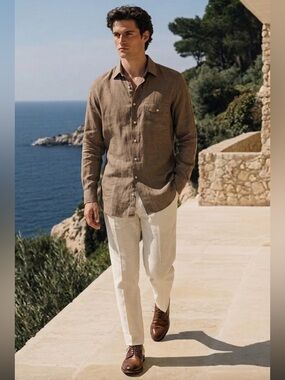 Valentino Vintage 100% Linen Shirt M Brown Pocket Lightweight Button Down